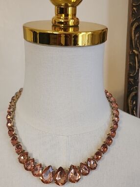 Charter Club Pink Crystal Teardrop Necklace Gold Tone Statement Bib